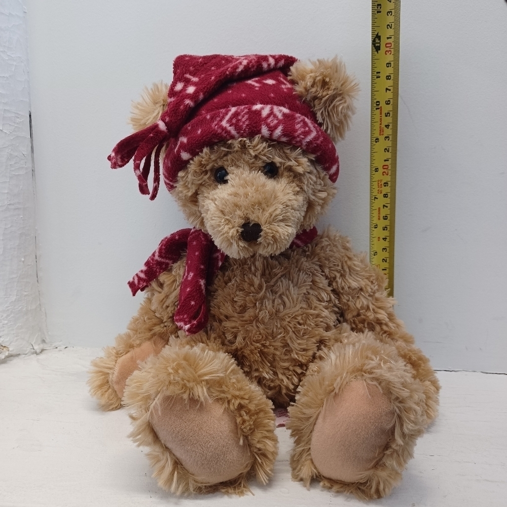 Russ Berrie Cranberry Brown Teddy Bear with Red Hat and Scarf Plush Stuffy - Picture 9 of 9